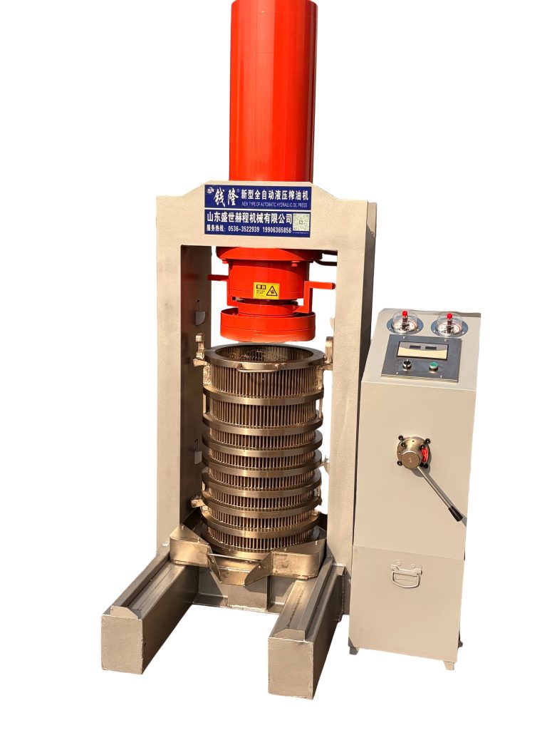 Front view of a 300 or 325 hydraulic oil press and pressing barrel